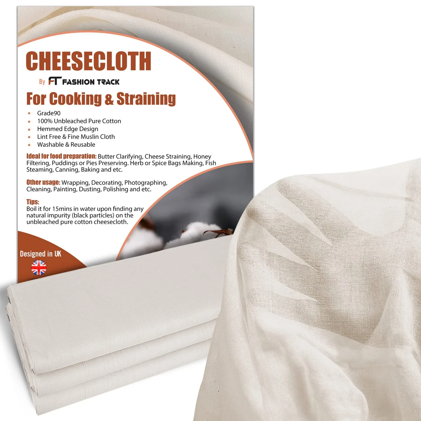 Muslin Cloths for Cooking, Cheese Cloths for Straining (Large Cut 140cm x 100cm) - Grade 90 Unbleached 100% Cotton Reusable Fabric for Baking, Filtering & Embroidery by FT Fashion Track