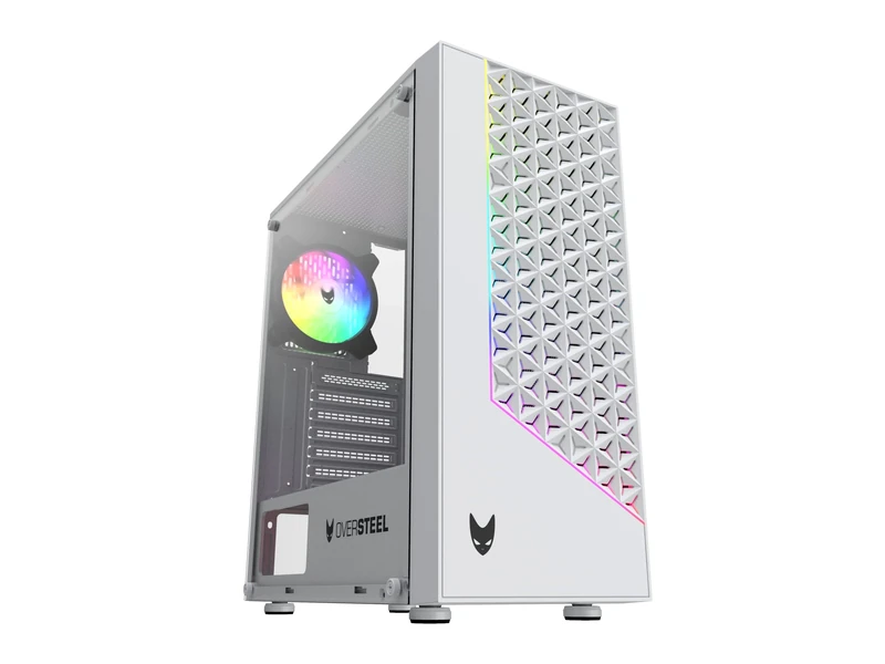 Oversteel - Iridium Gaming PC Case Compatible with ATX, Micro ATX and ITX Boards, 120mm A-RGB Fan Included, Mesh Front, 2 Dust Filters, Tempered Side Glass, USB 3.0, White