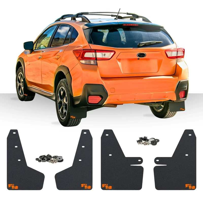 RokBlokz Mud Flaps for 2018 + Subaru Crosstrek - Multiple Colors Available - Mud Guards are Custom Cut and Fit - Includes All Mounting Hardware (Black with Orange Logo)
