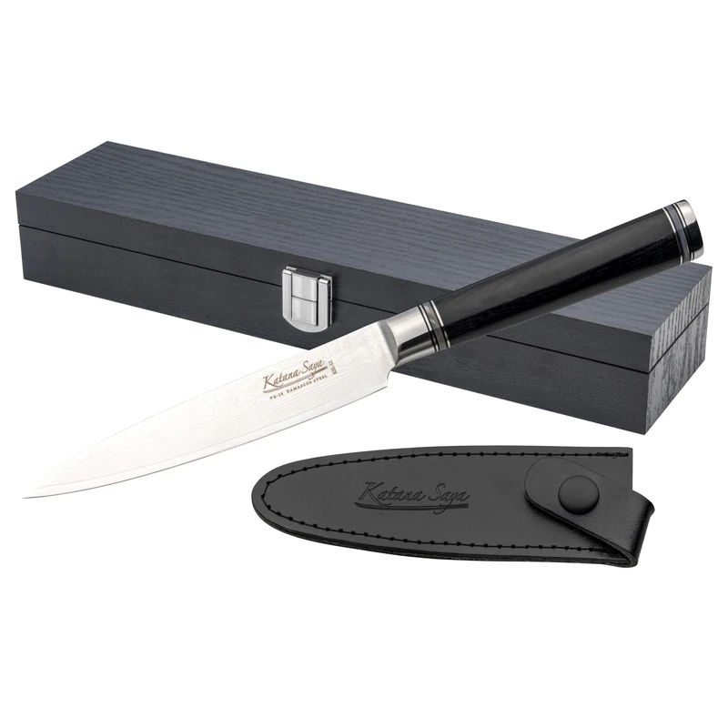 Katana Saya Pakkawood 12cm Utility Knife, Japanese 67-Layer VG-10 Damascus Stainless Steel, Black Pakkawood Handle, Japanese Style Kitchen Knife