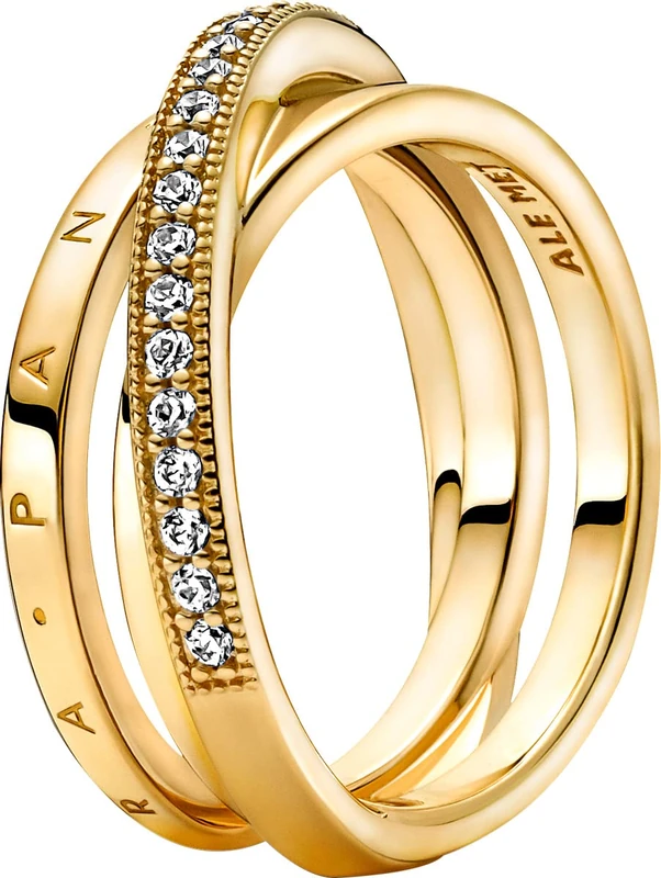 Pandora Signature Crossover Pavé Triple Band 14k gold-plated ring with clear cubic zirconia, 60 - Image 1