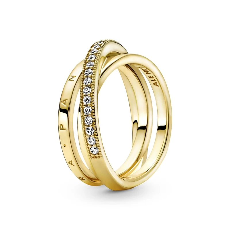 Pandora Signature Crossover Pavé Triple Band 14k gold-plated ring with clear cubic zirconia, 50