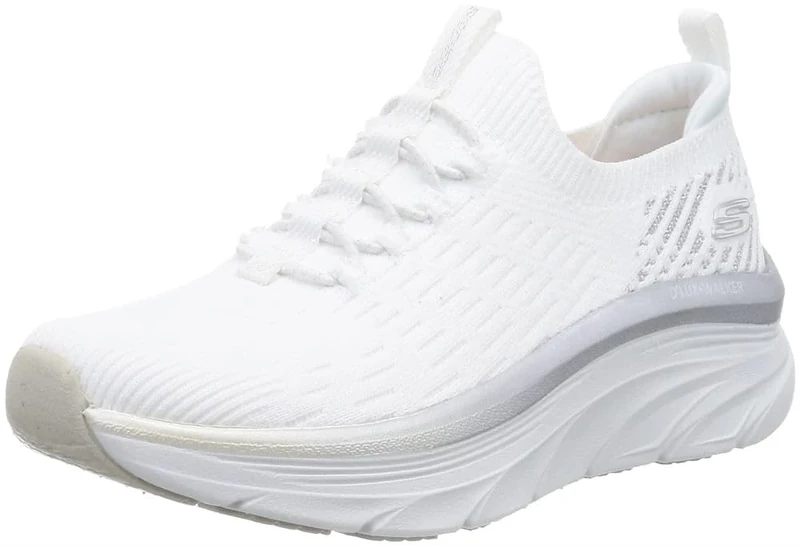 Skechers Women's D'Lux Walker Let It Glow Sneaker, White Knit/Silver Trim, 3.5 UK