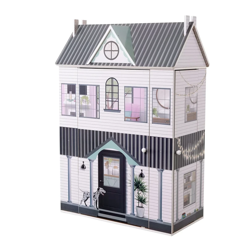 Olivia's Little World Dreamland Farmhouse 3-Story Wooden Doll House with Retractable Roof and Sides and 11-pc. Accessory Set for 12" Dolls, White/Black