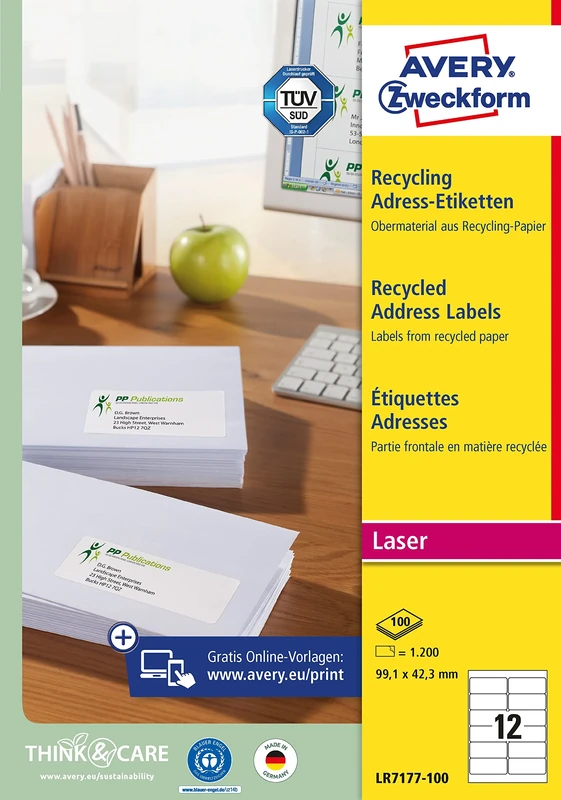 AVERY Zweckform LR7177-100 Recycled Labels (1,200 Address Labels, 99.1 x 42.3 mm on A4, 100% Recycled Recycled Paper, Printable, Self-Adhesive, for DIN Long Letter Envelopes), 100 Sheets, Natural