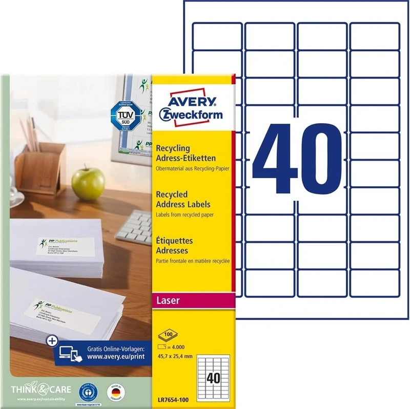 AVERY Zweckform LR7654-100 Recycled Labels (4,000 Address Labels, 45.7 x 25.4 mm on A4, 100% Recycled Recycled Paper, Printable, Self-Adhesive, for All Letter Envelopes), 100 Sheets, Natural White