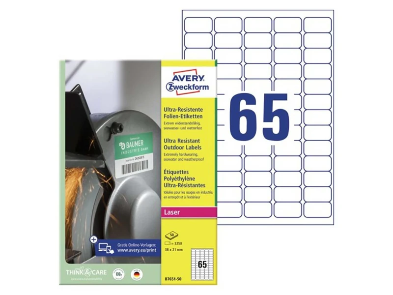 AVERY Zweckform B7651-50 Heavy Duty Film Labels (3,250 Stickers, 38 x 21 mm on A4, Extremely Strong Self-Adhesive, for Difficult Surfaces, Printable Outdoor Adhesive Film) 50 Sheets, White
