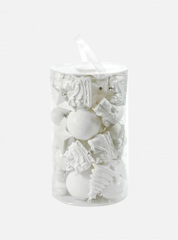 Dmora - Box 50 pieces multi-form Christmas decorations, Ornaments and toe, Christmas ball assortment set, Christmas tree set box, 4 to 10 cm, White color