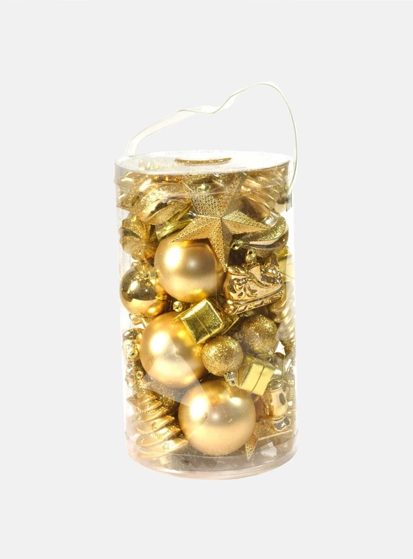Dmora - Box 50 pieces multi-form Christmas decorations, Ornaments and Toe, Christmas ball assortment set, Christmas tree set box, 4 to 10 cm, Gold color