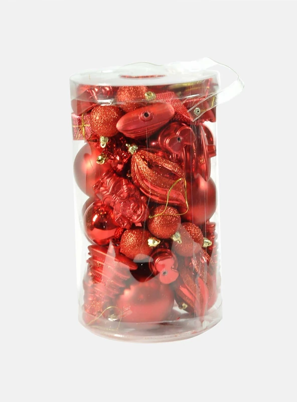 Dmora - Box 50 pieces multi-shape Christmas decorations, Ornaments and toe, Christmas ball assortment set, Christmas tree set box, 4 to 10 cm, Red color