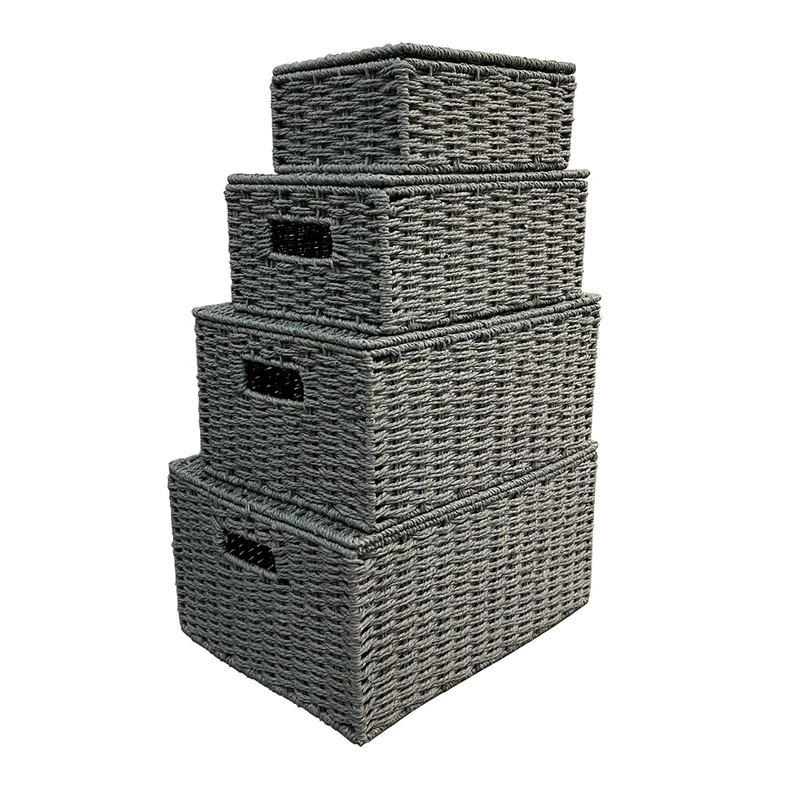 Arpan Set Of 4 Paper Rope Storage Hamper Basket With Lid - Including Xlarge,Large,Medium,Small (Grey)