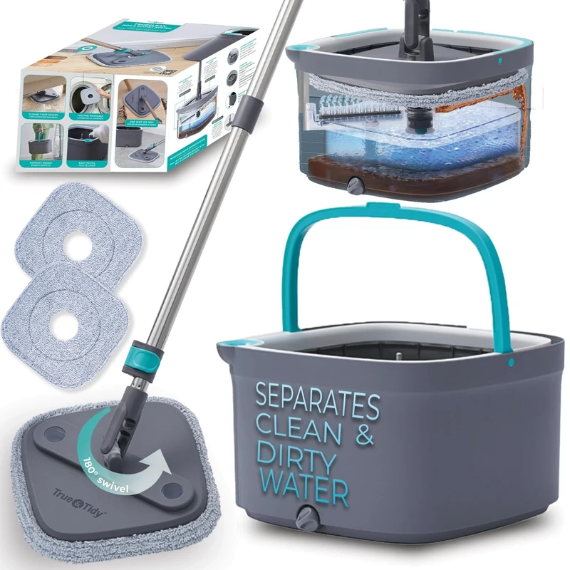 True & Tidy, True Clean Spin Mop and Bucket System, Includes Spin Mop, Dual Compartment Mop Bucket and 2 Thick Washable Microfiber Mop Pads, SPIN-800A, Gray