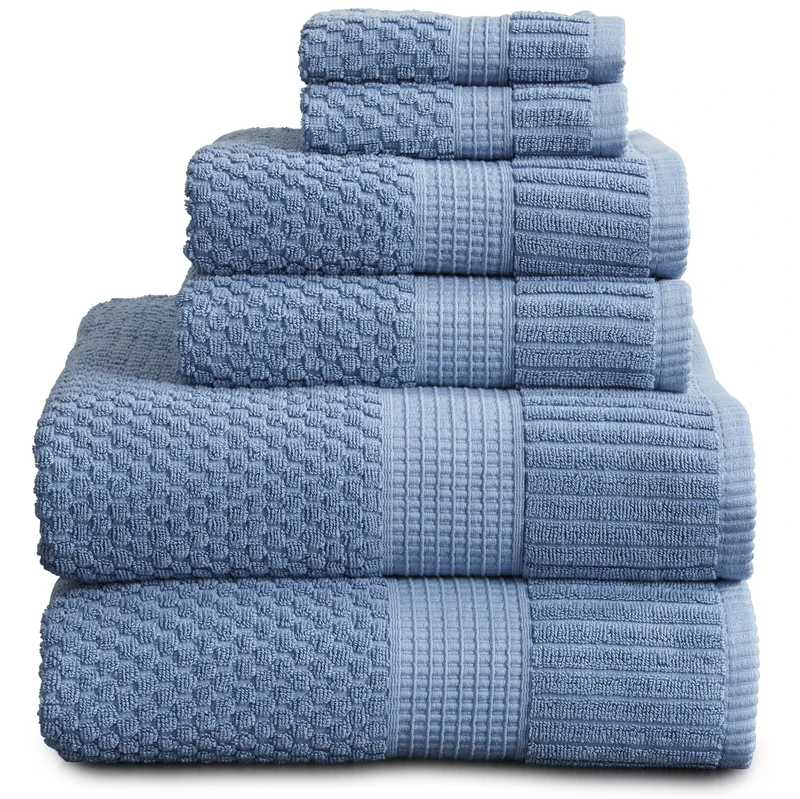 NY Loft Towels made of 100% Textured, Durable Cotton, Very Soft and Absorbent, Quick Dry 2 Bath Towels, 2 Hand Towels and 2 Cloths, Trinity Collection Set of 6 Pcs Blue