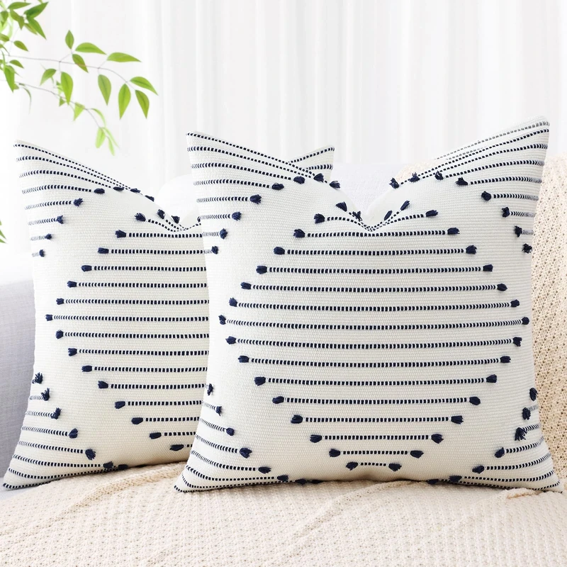 Mecatny Boho Throw Pillow Covers Navy and White Farmhouse Couch Pillow Covers 20X20 Set of 2 Modern Neutral Decor Pillow Cases for Bed Sofa Living Room