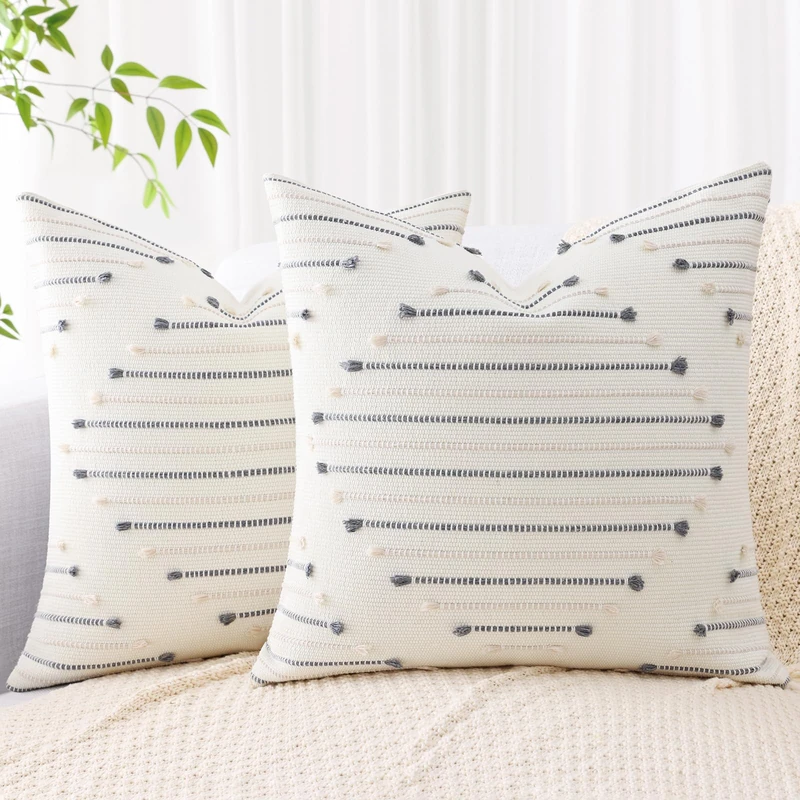 Mecatny Boho Throw Pillow Covers Beige and Grey Farmhouse Couch Pillow Covers 20X20 Set of 2 Modern Neutral Decor Pillow Cases for Bed Sofa Living Room