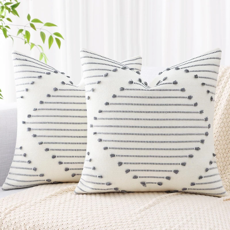 Mecatny Boho Throw Pillow Covers Grey and White Farmhouse Couch Pillow Covers 18X18 Set of 2 Modern Neutral Decor Pillow Cases for Bed Sofa Living Room