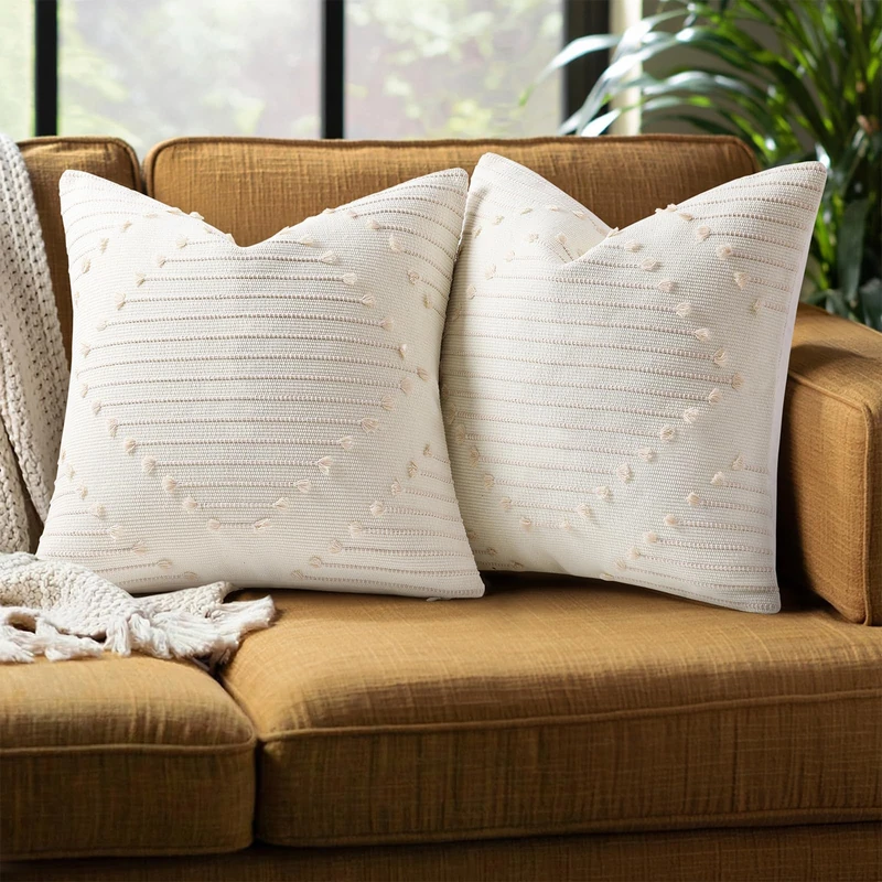 Mecatny Boho Throw Pillow Covers Beige and White Farmhouse Couch Pillow Covers 18X18 Set of 2 Modern Neutral Decor Pillow Cases for Bed Sofa Living Room