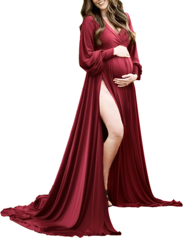 Maternity Gown Bishop Sleeves Baby Shower Dress Wrap Side Slit Sweetheart Maxi Photo Shoot for Photography, Burgudy, L