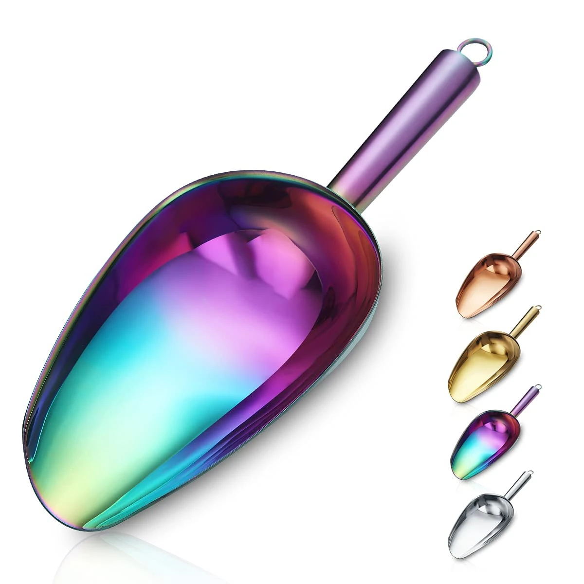 Berglander Stainless Steel Rainbow Ice Scoop 6 OZ, Titanium Colorful Plating Metal Ice Scooper For Ice Maker Multipurpose For Candy Wedding Kitchen Bar Party Pet Animal Dog Food Scoop Beach Shovel