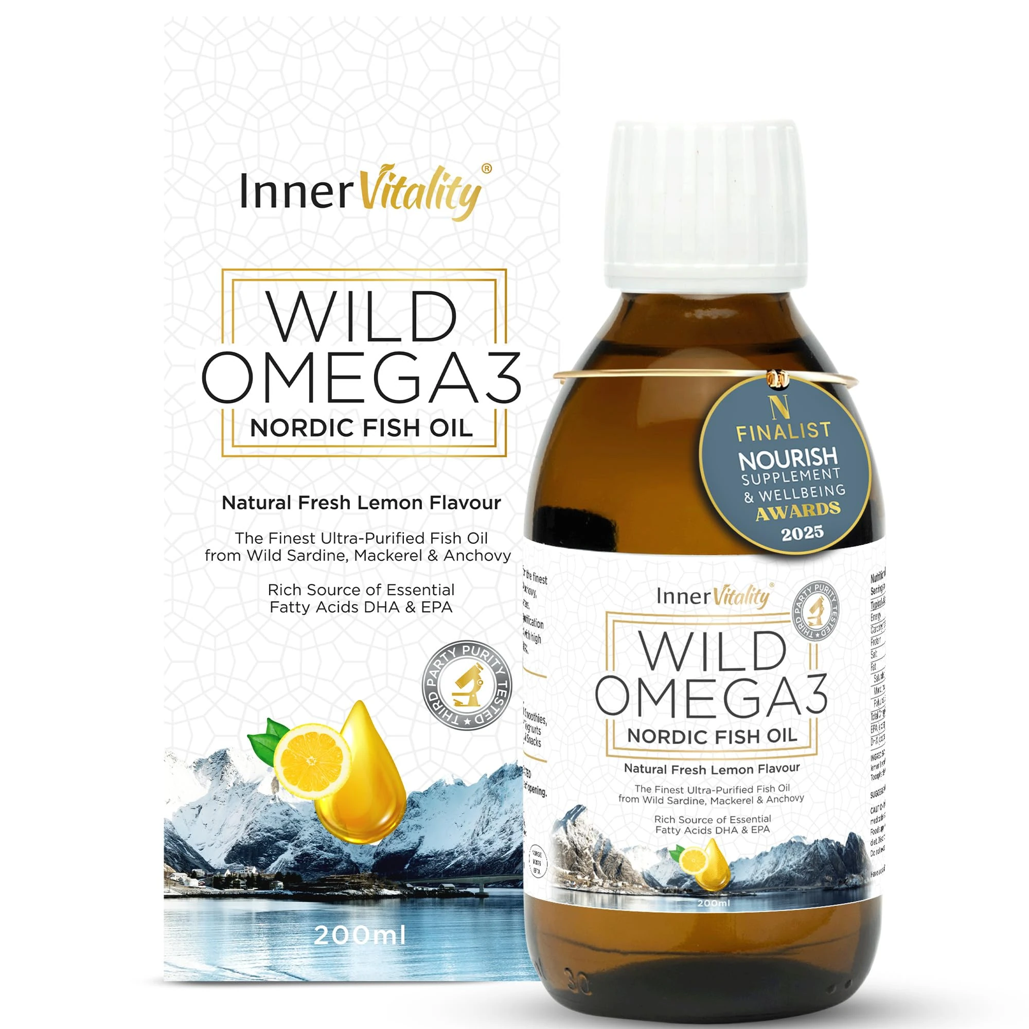 Omega 3 Fish Oil Liquid - Natural Fresh Lemon Flavour with NO Fishy Taste, High Strength DHA/EPA - 200ml Made from Wild Caught Nordic Fish Oil | 3rd Party Tested for Purity - Inner Vitality