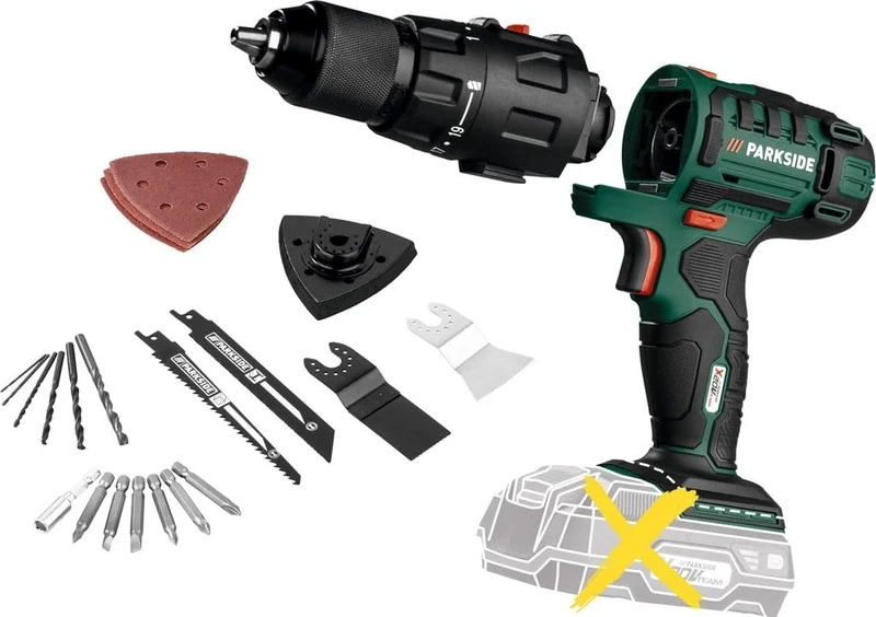 Parkside 20V Cordless 4-in-1 Multi Combination-Tool – Bare Unit - Drill, Multi Sander, Sabre Saw, Oscillatin Tool Quick and Easy to Change attachments – no Tools Required