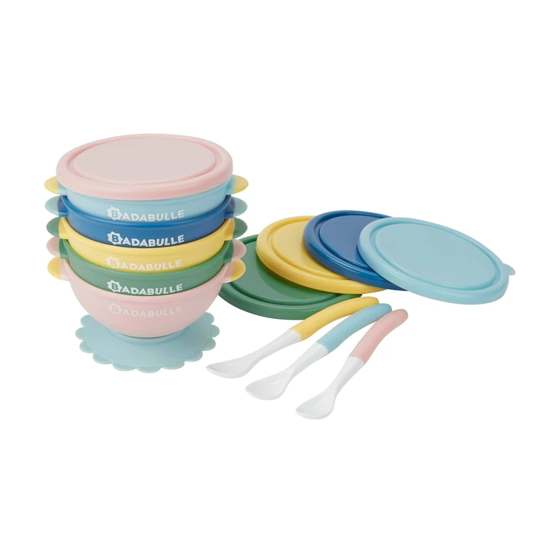 Badabulle Funcolor Bowls Set of 5 Porridge Bowls & 3 Baby Spoons Hermetic Closure Non-Slip Suction Cup