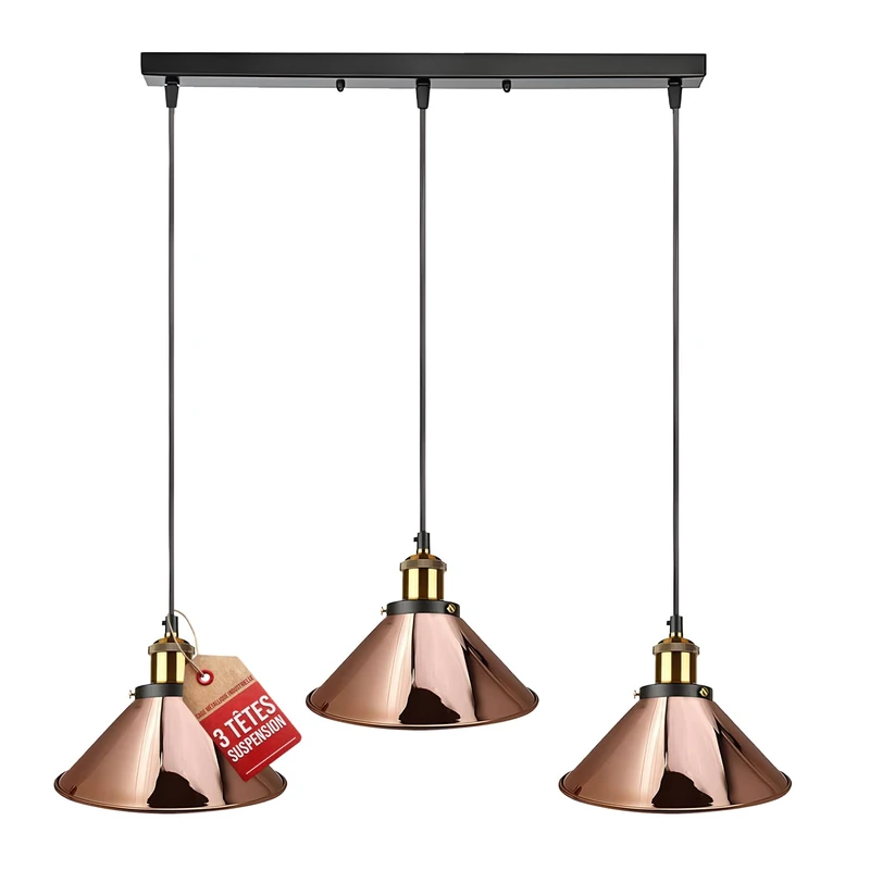 LEDSone 3 Head Rose Gold Vintage Industrial Ceiling Hanging Light Shade Loft Style Metal Ceiling Pendant Lamp for Kitchen Island, Living Room, Dining Room E27 UK Holder Kit, Rose Gold, Cone