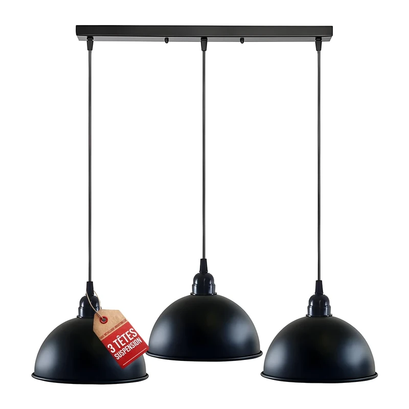 LEDSone Pendant Lamp Shade 3 Head Black E27 Bulb Base Vintage Industrial Dome Shape Ceiling Hanging Light Loft Style Metal Ceiling for Kitchen Island Living Room Dining Room E27 UK Holder Kit.