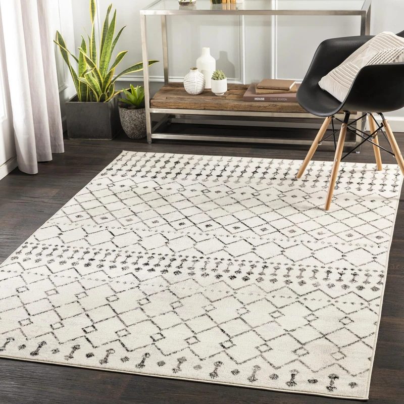 Livabliss Abu Dhabi Geometric Rug - Scandi Area Rugs Living Room 200x274 cm, Dining, Kitchen - Neutral, Abstract Patterned Rugs, Boho Style, Easy Care Pile - Large Rug, Ivory, Grey, Black