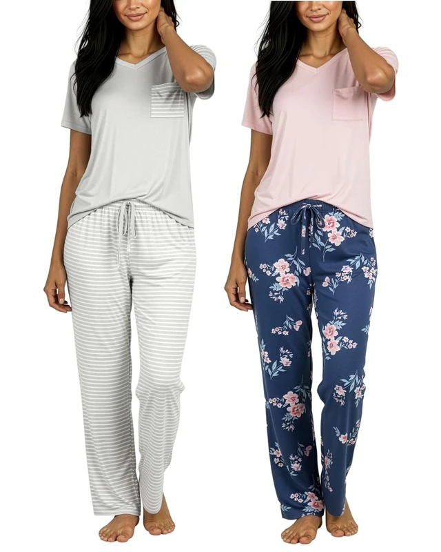 Real Essentials 2 Pack: Women’s Pajama Set Super-Soft Short & Long Sleeve Top with Pants, Short Sleeve Set G, Medium - Image 1