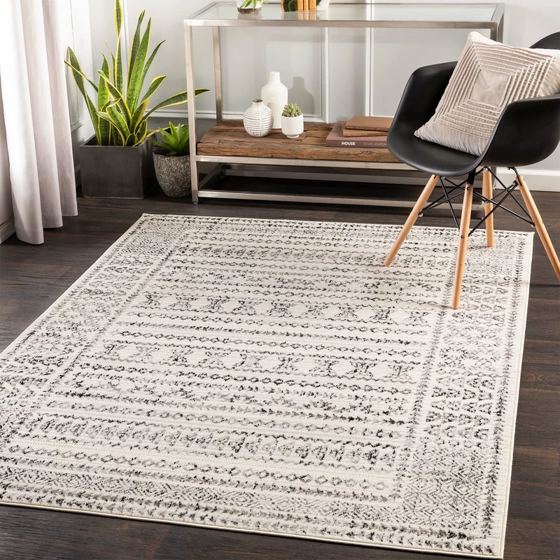 Livabliss Tokyo Geometric Rug - Scandi Area Rugs Living Room 200x274 cm, Dining, Kitchen - Neutral, Abstract Patterned Rugs, Boho Style, Easy Care Pile - Large Rug, Ivory, Grey and Black