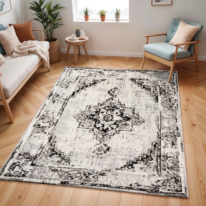 Livabliss Stowe Vintage Rug - Area Rugs for Living Room 150x213 cm, Bedroom - Scandi Neutral Rugs, Traditional Patterned Boho Style, Natural Easy Care Pile - Large Rug, Ivory and Black