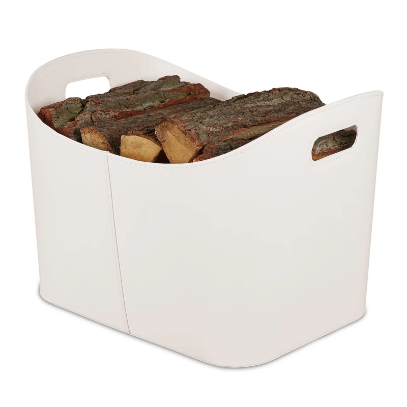 Relaxdays Faux Leather Basket, Sturdy Firewood Container with Handles, for Laundry, Toys, etc, 36 x 53.5 x 41 cm, Creme