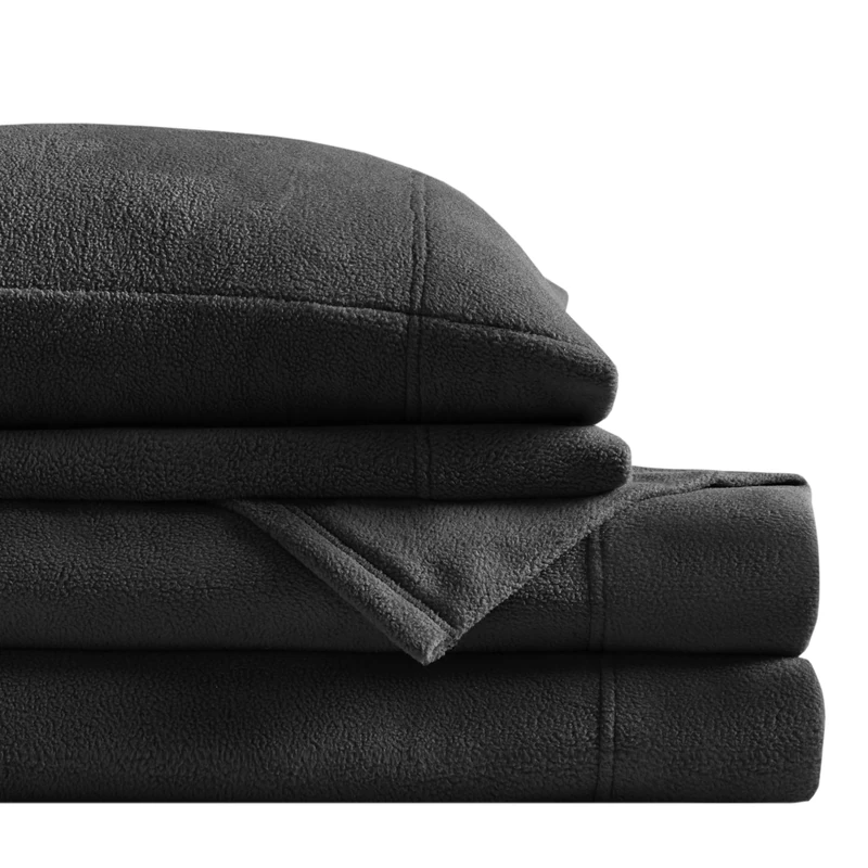 SLEEP PHILOSOPHY True North Micro Fleece Bed Sheet Set, Warm, Sheets with 14" Deep Pocket, for Cold Season Cozy Sheet-Set, Matching Pillow Case, Cal King, Black, 4 Piece