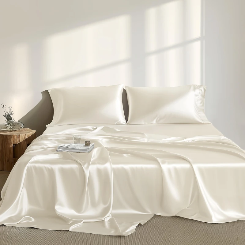 Madison Park Essentials Satin Sheets Queen Size, Luxurious Silky Satin Bed Sheets, Elastic 14" Pocket fits up to 16" Mattress, Wrinkle-Free, Soft Satin Bed Sheet Set, Ivory 6 Piece