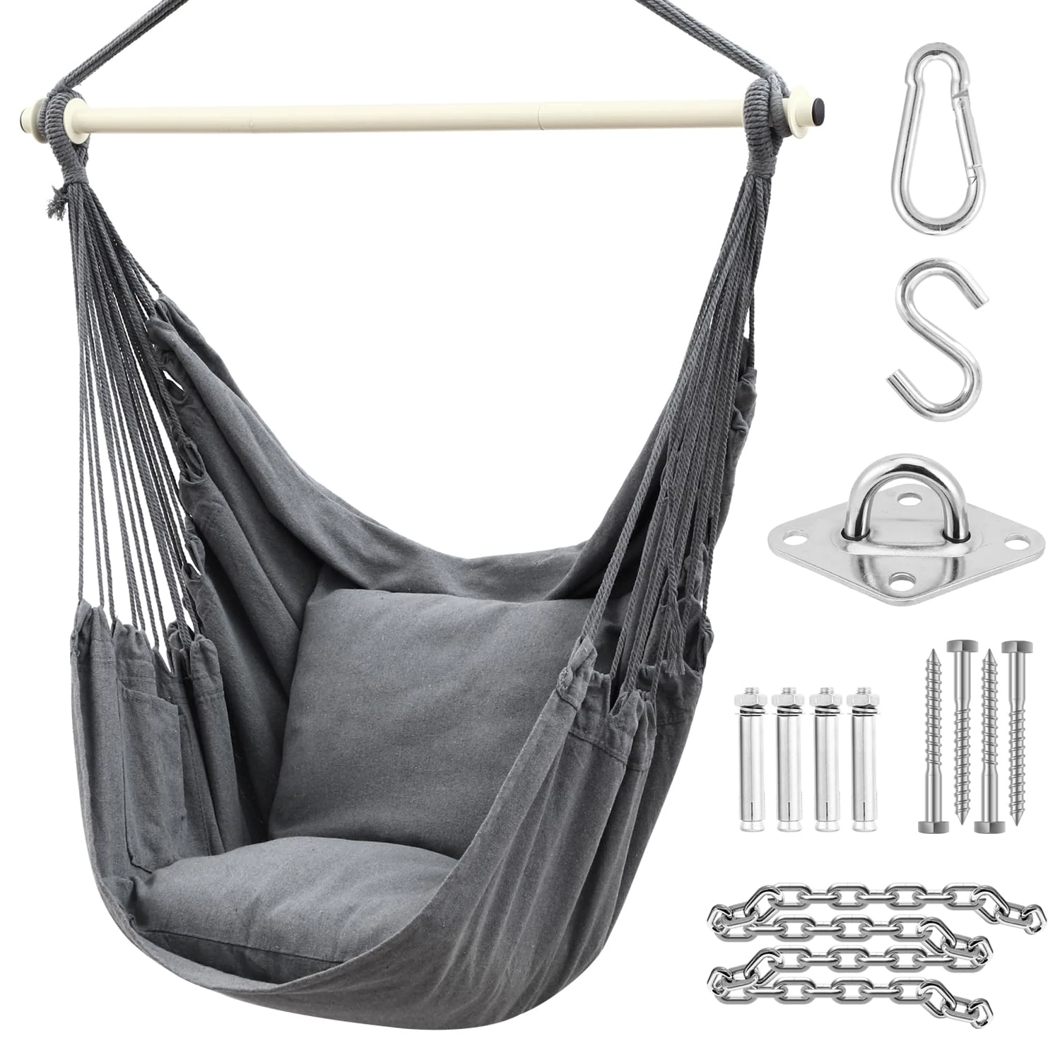 Hanging Chair Cotton Swing Chair with Hardwares, Ohuhu XL Portable Hammock Chair with 2 Cushions Installation Kit Detachable Metal Support Bar Side Pocket for Indoor Outdoor Patio, Max Weight 150kg