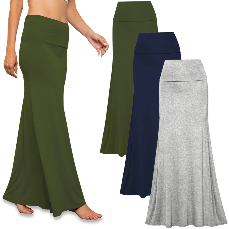 Free to Live 3 Pack Long Skirts for Women Fall Winter Flowy Maxi Skirt High Waist Fold Over Floor Ankle Length Jersey Knit, Heather Grey, Navy, Olive, XL