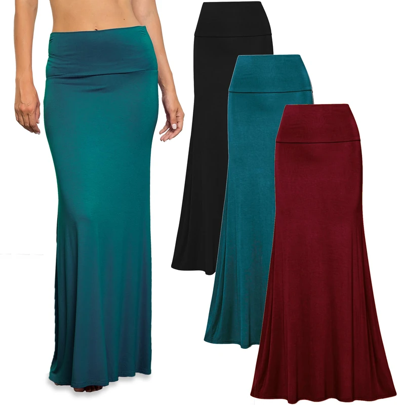 Free to Live 3 Pack Long Skirts for Women Fall Winter Flowy Maxi Skirt High Waist Fold Over Floor Ankle Length Jersey Knit, Black, Teal, Wine, XXL