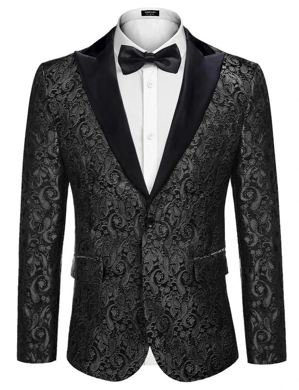 Coofandy Mens Floral Tuxedo One Button Luxury Shiny Blazer Dinner Party Prom Wedding Suit Jacket, 6 - Black, XXL