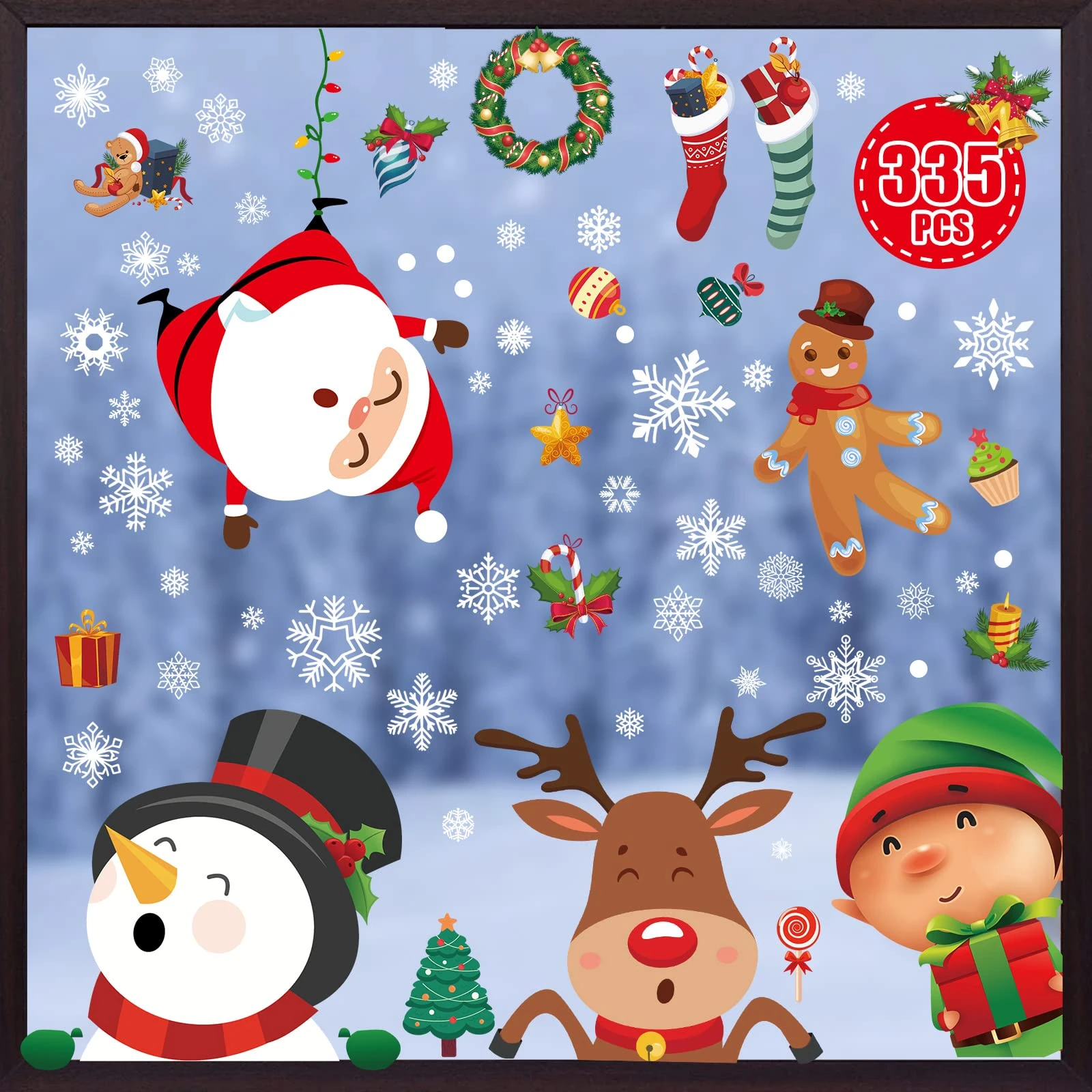 NMKL Christmas Window Stickers 335pcs, Double Sided PVC, Red & Green Cartoon Winter Design, Santa Claus, Gingerbread, Reusable & Water Resistant, Ideal for Windows & Glass Surfaces