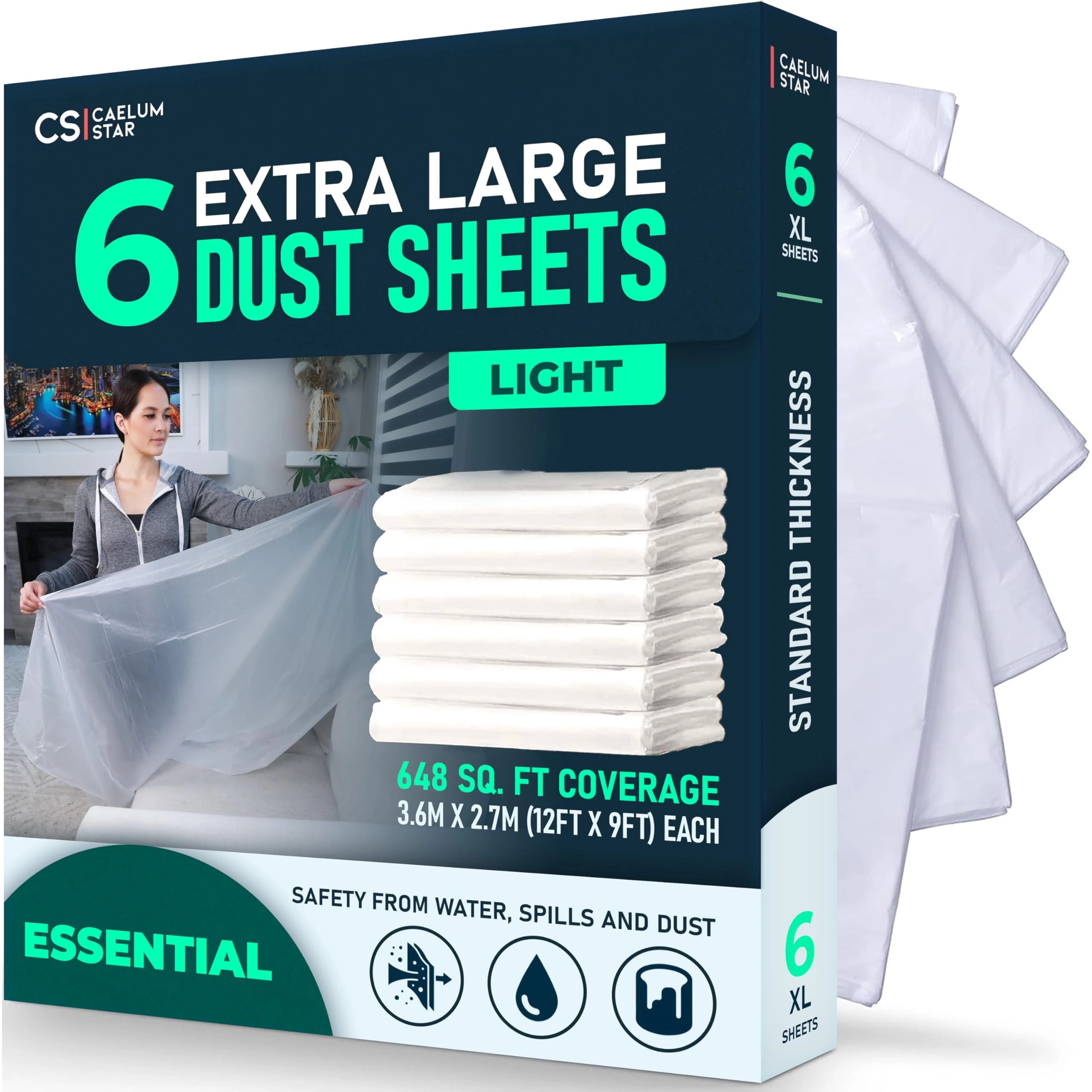 CS 6 Pack Extra Large Plastic Dust Sheets for Decorating 3.6 x 2.7m (12 x 9ft), Light Dust Sheet for Painting & Furniture, Plastic Sheet-Plastic Sheeting-Decorating Tools-Decorating Sheets-Dust Cover