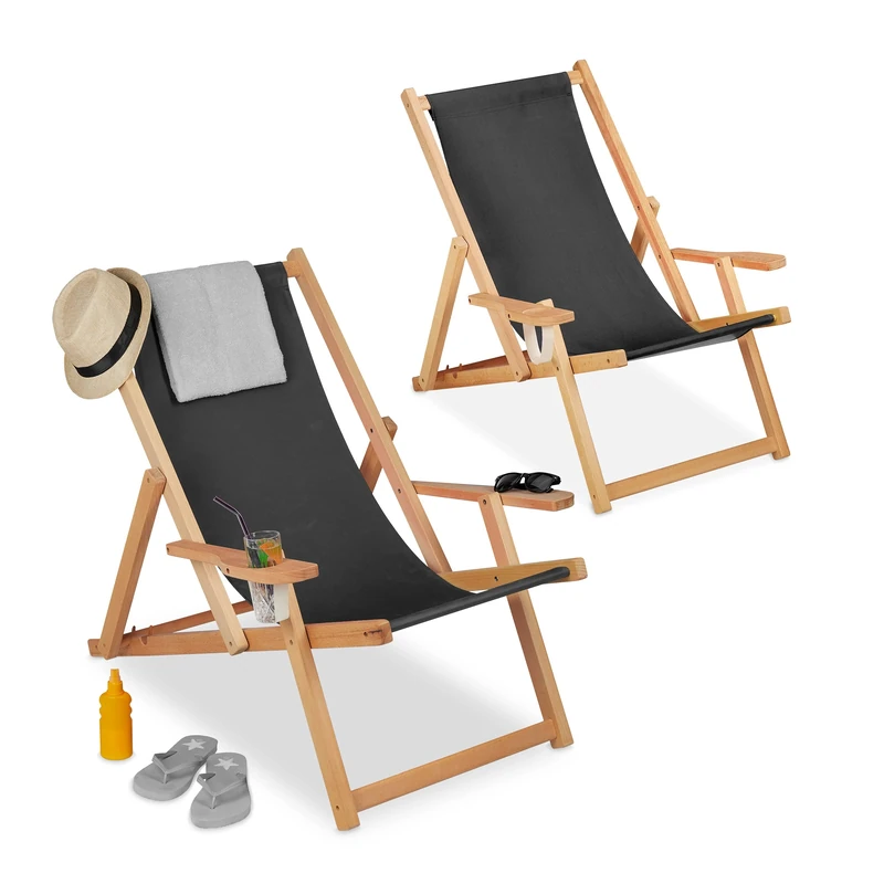 Relaxdays Wooden Deck Chair, Folding Beach Chair Set of 2, 3 Positions, 100 kg, Armrests & Drink Holder, Black
