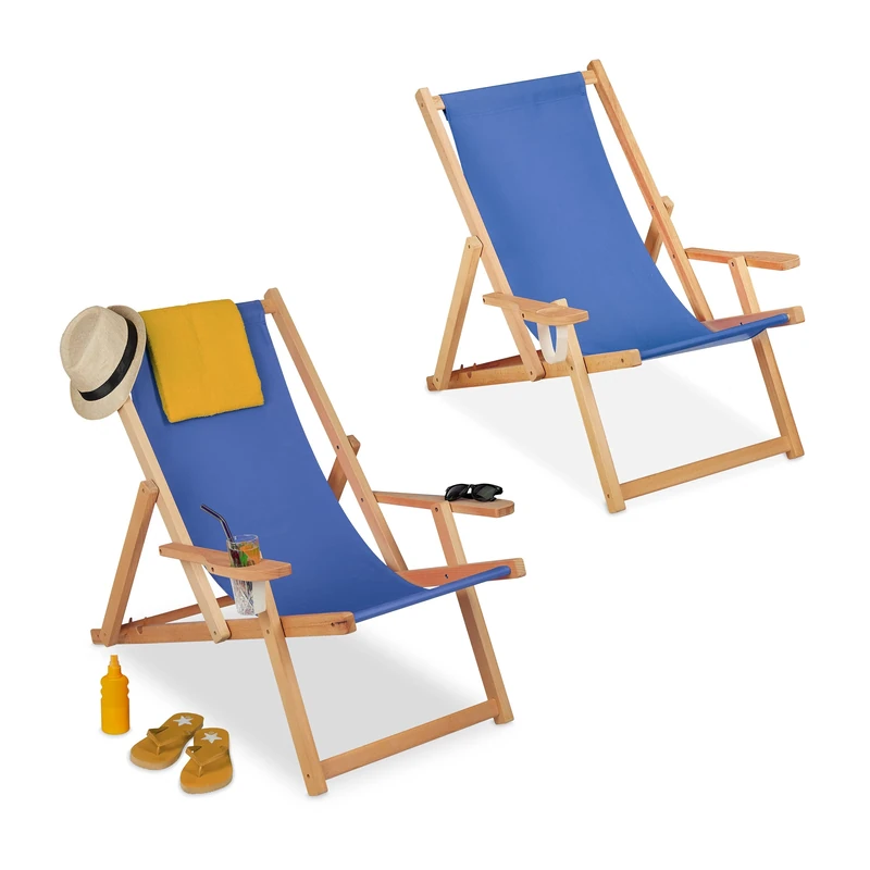 Relaxdays Wooden Deck Chair, Folding Beach Chair Set of 2, 3 Positions, 100 kg, with Armrests & Drink Holder, Blue