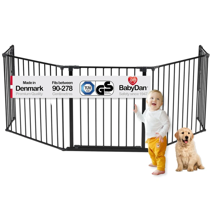 BabyDan Galten XL, 90-278 cm, Hearth Gate/Stair Gate/Room Divider/Fire Surround, Black, Made in Denmark - Baby Gate/Safety Gate (Pet Gate/Dog gate/Dog playpen)