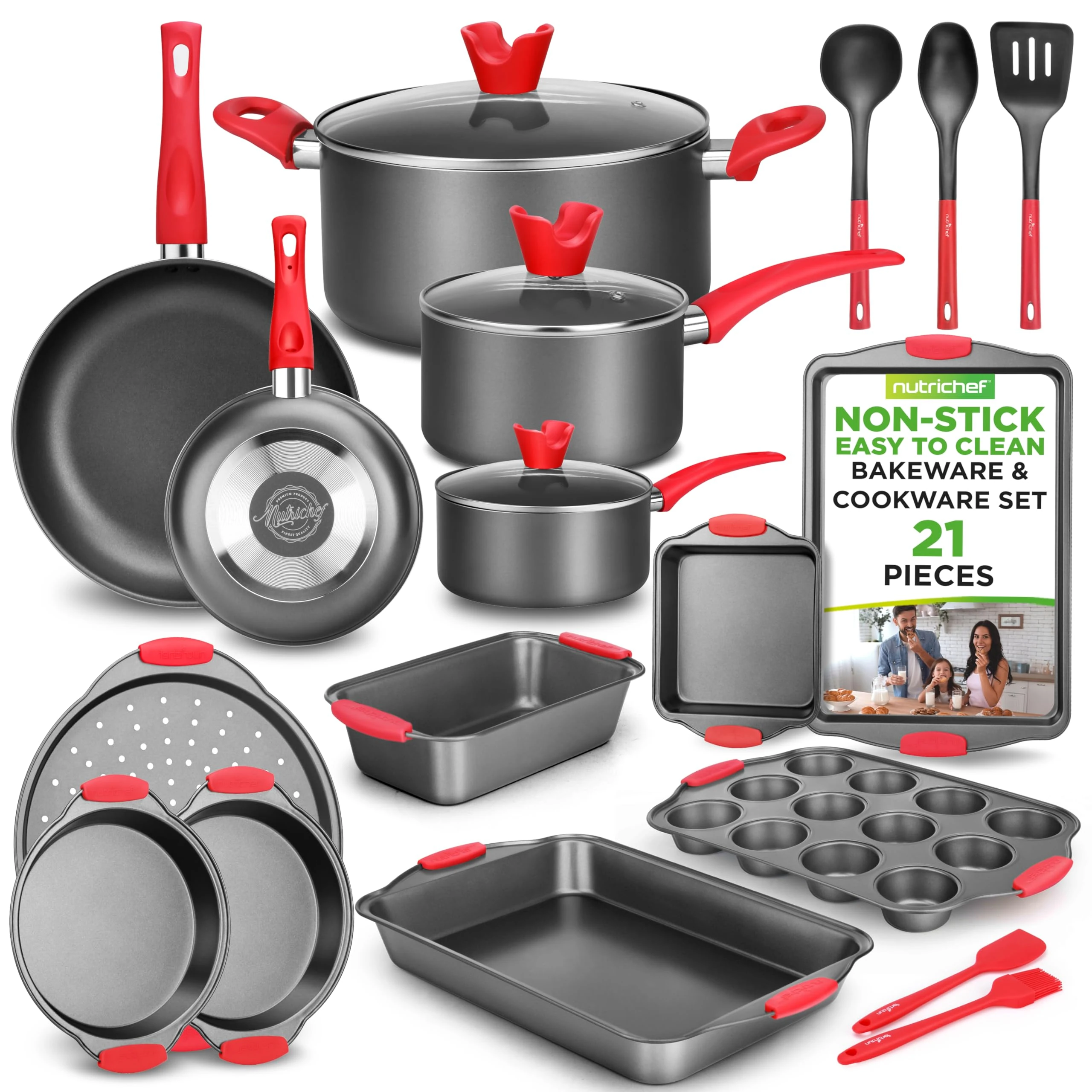 NutriChef 21-Piece Nonstick Cookware Set, Black, Irregular Shape, Includes Saucepans, Dutch Oven, Frying Pans, Baking Pans, and More