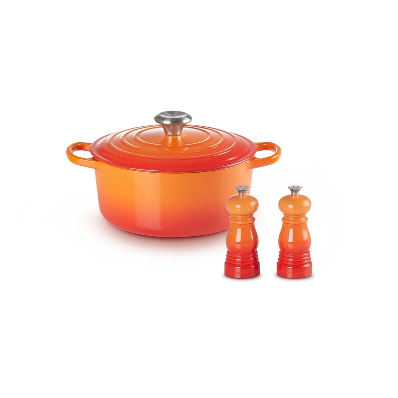LE CREUSET Signature Enamelled Cast Iron Round Casserole Dish With Lid + Le Creuset MG510-2 Classic Salt & Pepper Mill Set, Personal Use, Chip-resistant ABS Plastic, Anti-Corrosion, 11 cm, Volcanic - Image 1