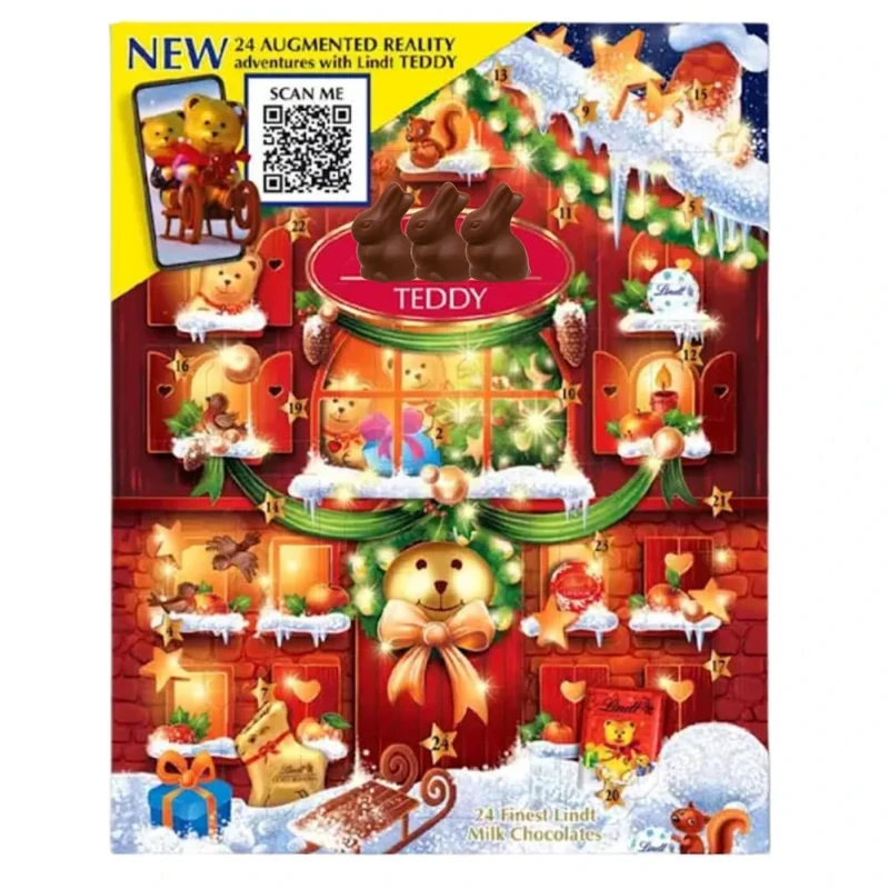 Christmas Advent Calendar 2024 250g - Teddy Bear - Adults Kids - Milk/Swiss Chocolate Truffles - Chocolate Reindeer