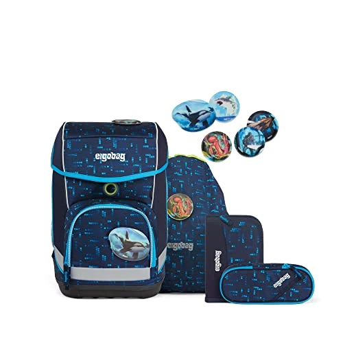 ergobag Cubo Ergonomic School Backpack Set Classic 6-Piece 1st Class Primary School, Deep Sea Dive Bear - Black, Standard Size, School Bag Set