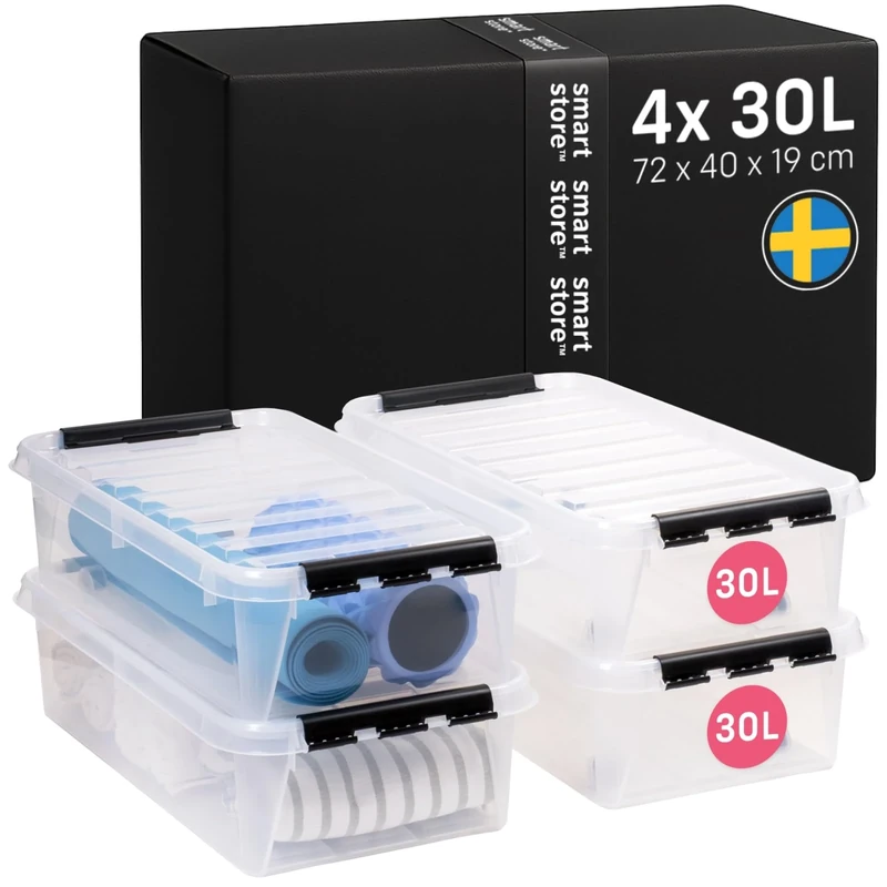 SmartStore - 4x Plastic Storage Box with Lid Classic 30L (72x40x19cm) |Plastic Storage Drawers with Lid|Food-Safe Material|Kitchen & Organisation|Durable Container for Home & Office|10-Year Warranty