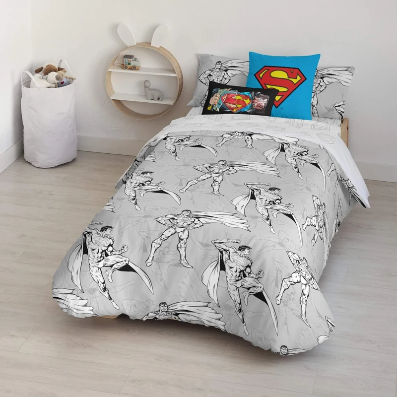 BELUM | Superman Duvet Cover | Superman Grey Duvet Cover | Duvet Cover with Buttons | Duvet Cover 100% Cotton | Duvet Cover (Bed 150/160 (240x240 cm))